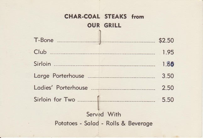 60's menu nice prices